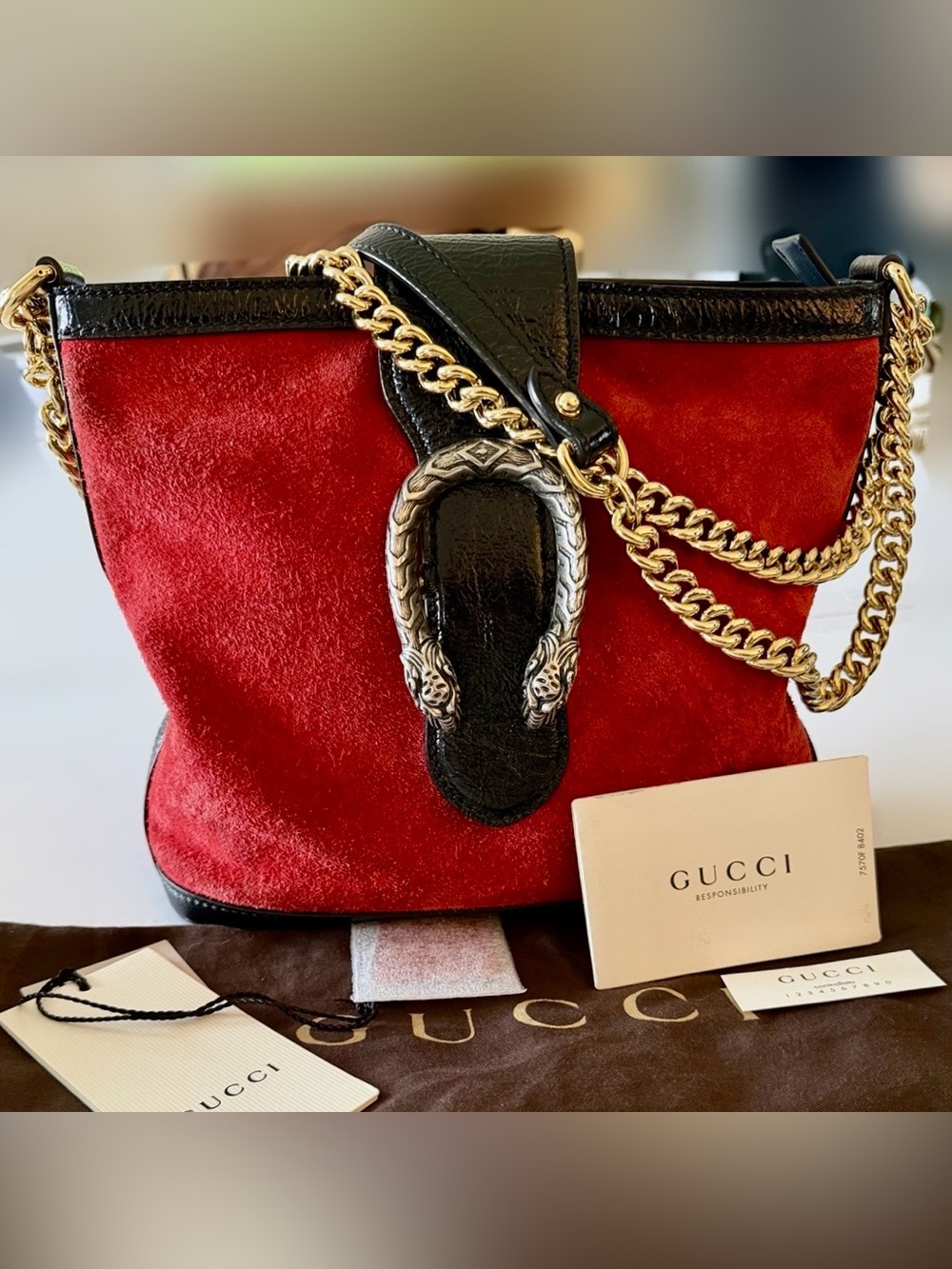 ✨authentic✨Gucci Red Suede Dionysus Shoulder Bag  Black Trim Gold Chain Strap